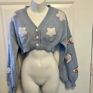 ROMWE Brand ~ Size M/Large Shrug Cropped Blue Sweater ~ Dog Print ~ Boho Cute